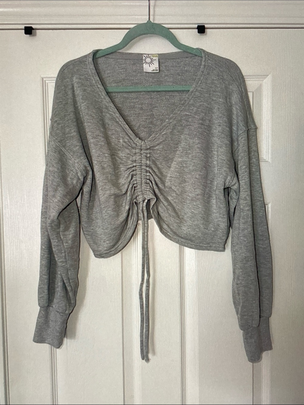 aerie Gray Drawstring Front Cropped Sweatshirt
